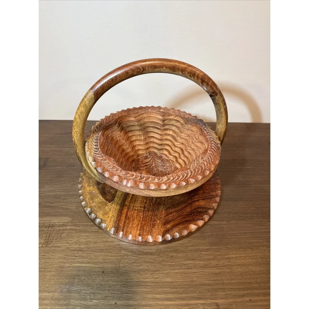 Vintage Hand Carved Wood Collapsible Spiral Basket Floral Folding Trivet Cottage